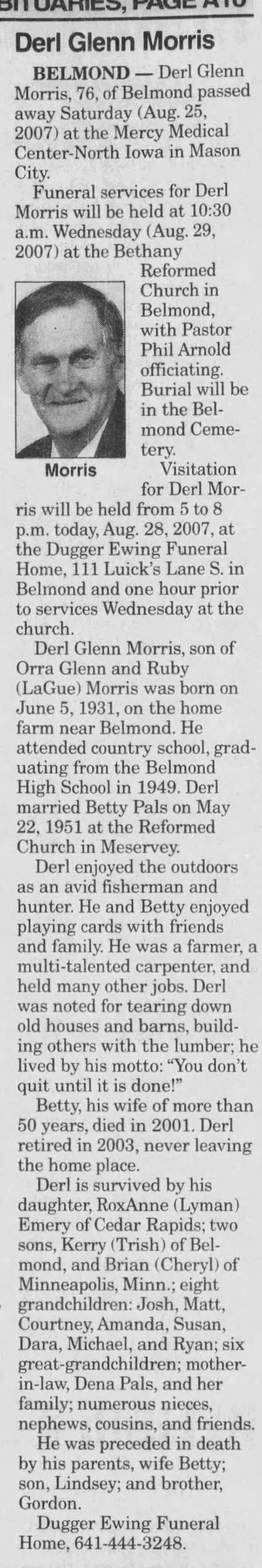 Obituary for Deri Glenn Morris, 1931-2007 (Aged 76)